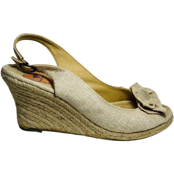 Rocket Dog Tan Canvas Burlap Bow Slingback Peep Toe Espadrilles 3" Heel Size 8 - Picture 2 of 8